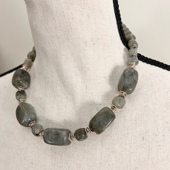 Handmade Jewelry - Labradorite Gemstone Statement Necklace With Silver Accents Adjustable Length.